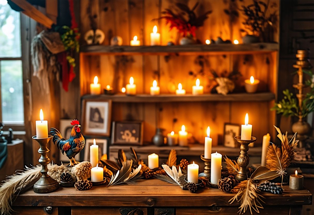 An altar with feathers and rooster images for invoking courage and abundance in spiritual practices.