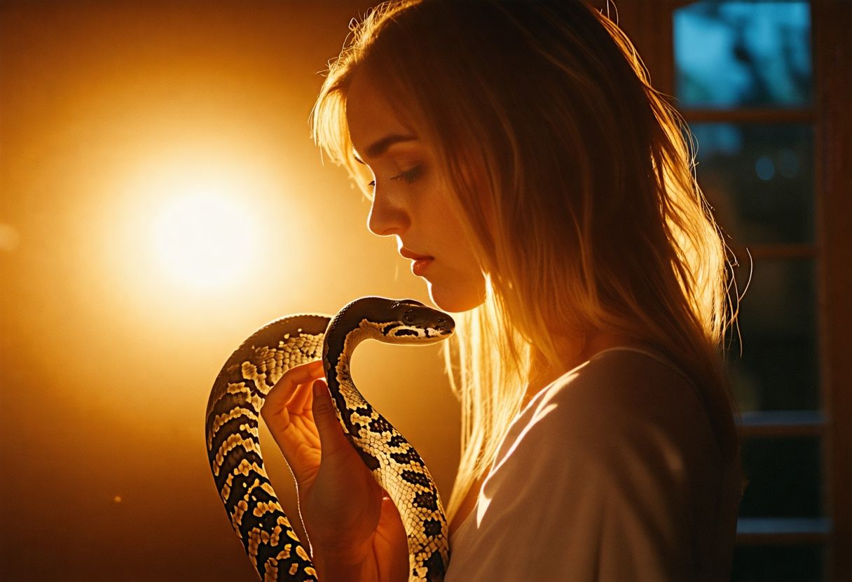 A woman in her mid-30s holding a shedding snake skin, representing personal growth and letting go of old patterns.