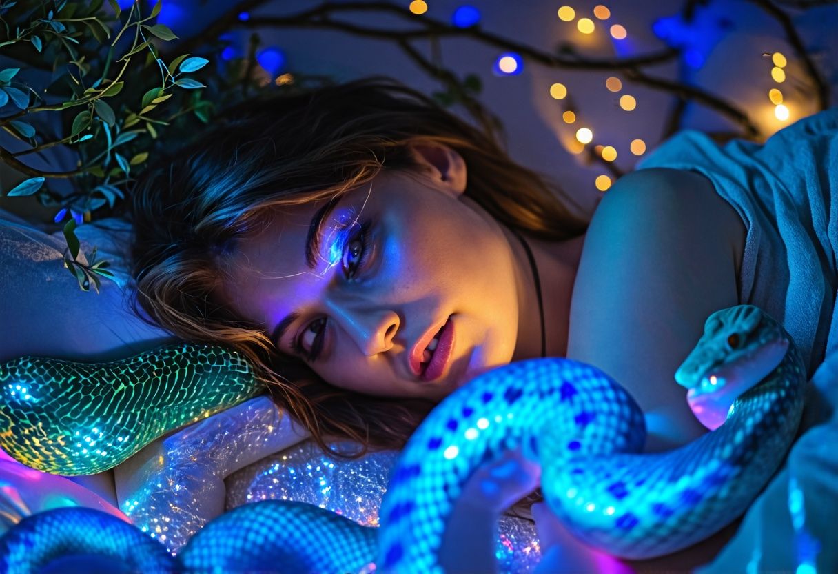 A woman dreams of a mystical garden filled with shimmering snakes while lying in bed.