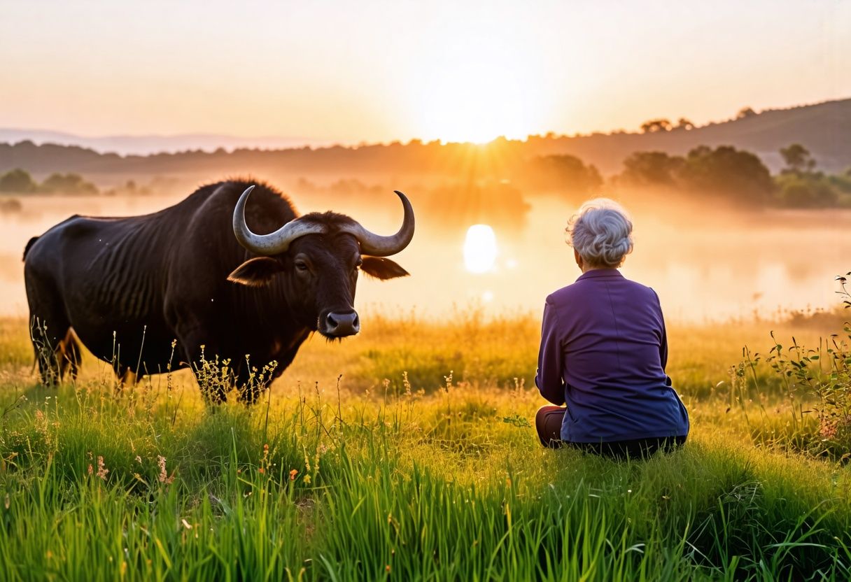 Elderly woman contemplates symbolism of water buffalo in serene meadow at sunset. Elderly woman contemplates symbolism of water buffalo in serene meadow at sunset.
