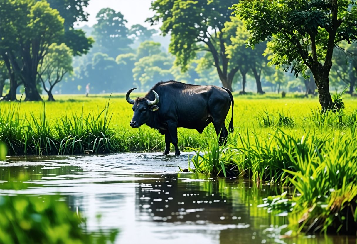 A tranquil scene of a water buffalo grazing in a lush meadow by a flowing stream. A tranquil scene of a water buffalo grazing in a lush meadow by a flowing stream.