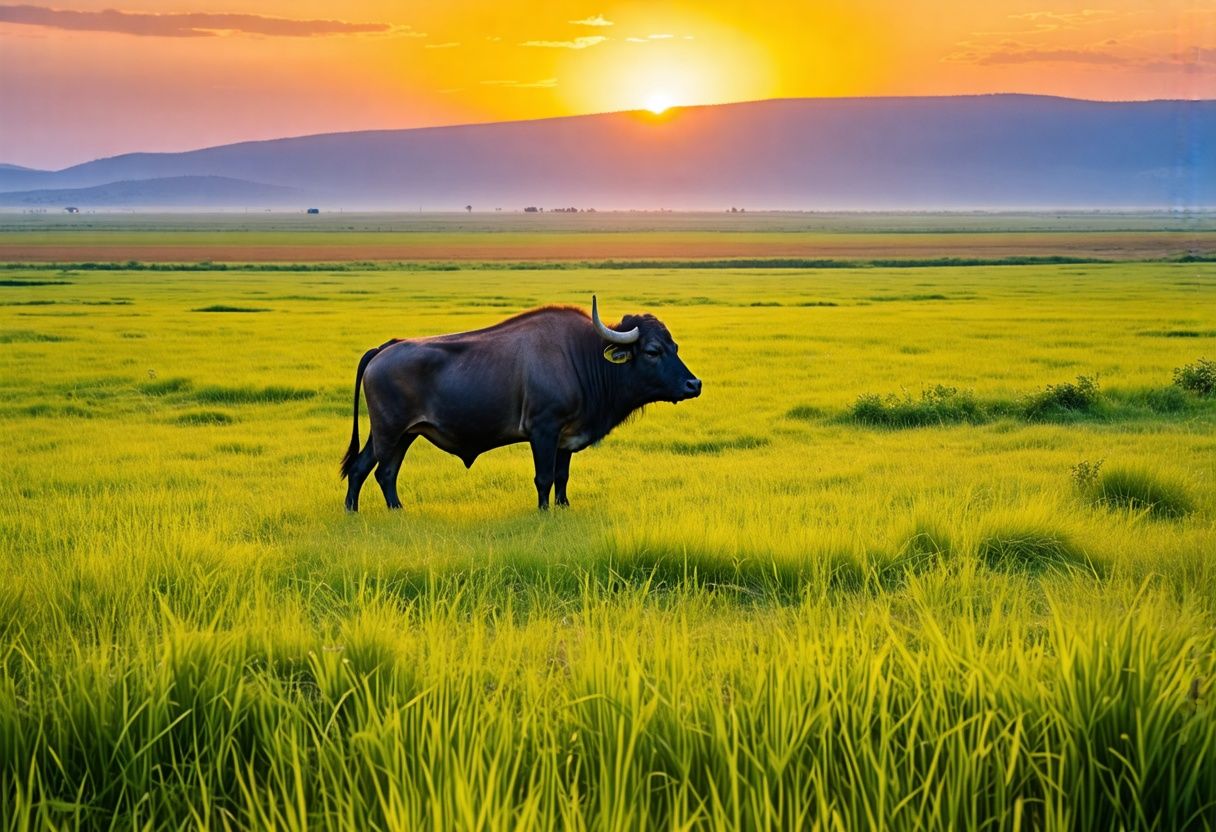 A peaceful scene of a water buffalo standing in a grassy field at sunset. A peaceful scene of a water buffalo standing in a grassy field at sunset.