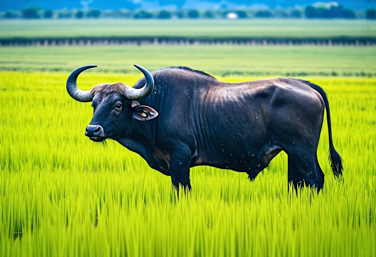A powerful water buffalo standing in a green field, displaying resilience and strength.
