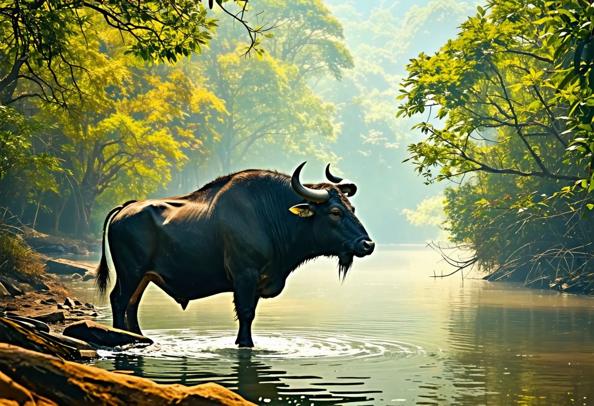 A serene landscape with a water buffalo symbolizing strength, abundance, and spiritual significance in various cultures. A serene landscape with a water buffalo symbolizing strength, abundance, and spiritual significance in various cultures.