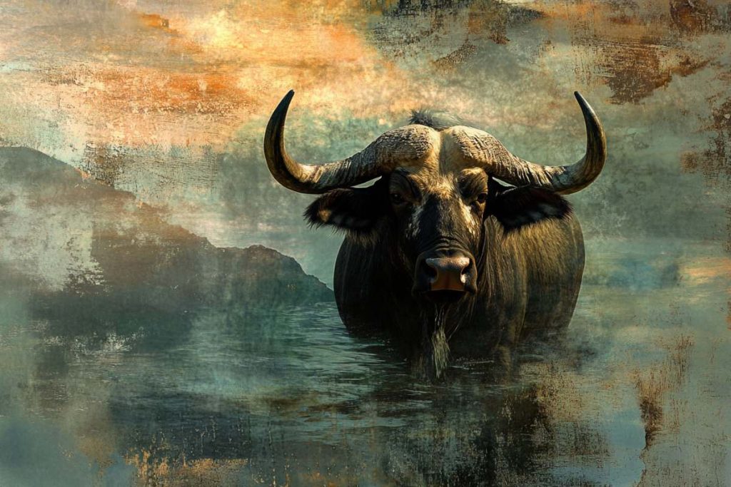 A woman meditates by a river, embodying the strength and grounded energy of a water buffalo spirit animal. photomontage of a water buffalo in the water