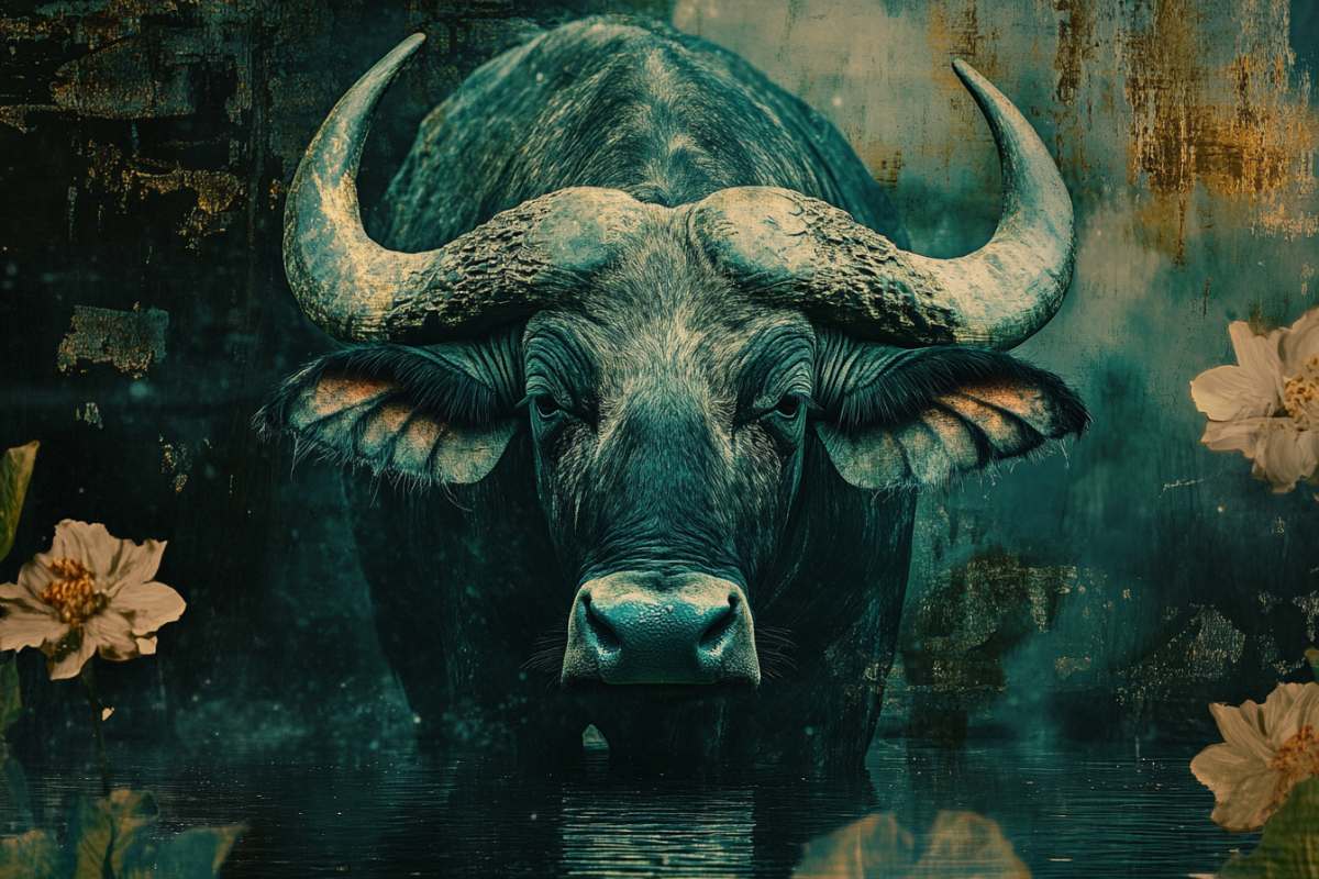 photomontage of a water buffalo close-up with white flowers
